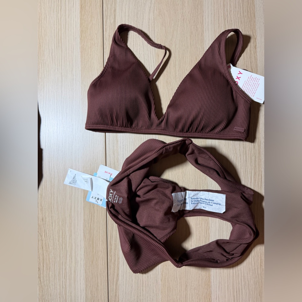 Roxy Rich Chocolate Brown Ribbed Love the Oceana V neck Bikini Set - Picture 11 of 13